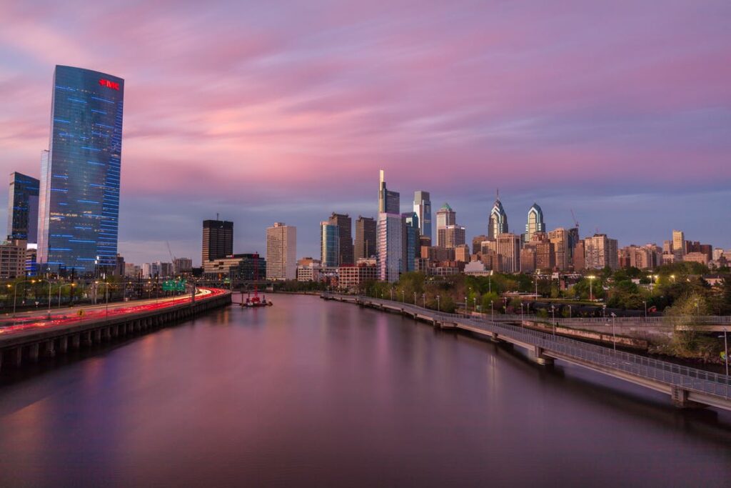 Philadelphia buildings with pink sky